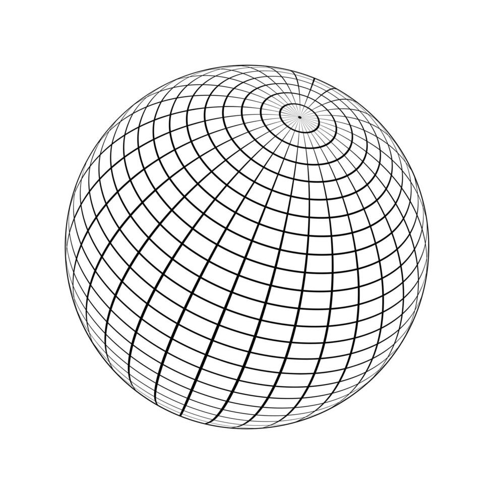 3D sphere wireframe icon. Orb model, spherical shape, grid ball isolated on white background. Earth globe figure with longitude and latitude, parallel and meridian lines. vector