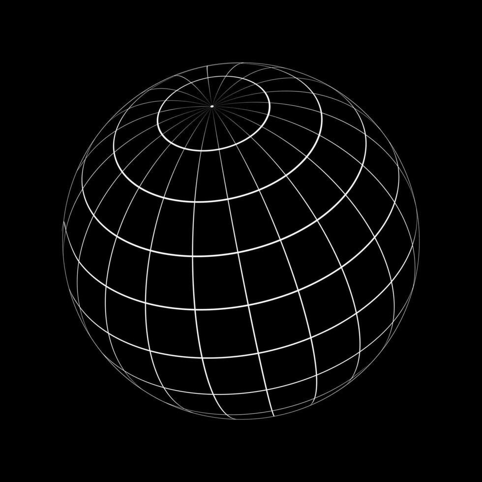 White 3D sphere wireframe isolated on black background. Orb model, spherical shape, grid ball. Earth globe figure with longitude and latitude, parallel and meridian lines. vector