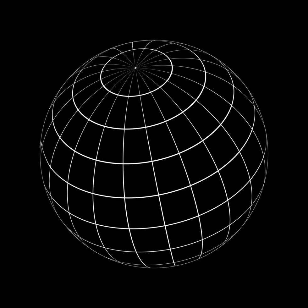 White 3D sphere wireframe isolated on black background. Orb model, spherical shape, grid ball. Earth globe figure with longitude and latitude, parallel and meridian lines. vector