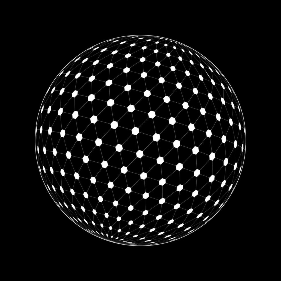 White 3D sphere wireframe on black background. Grid ball with triangles and hexagons. Orbit spherical model. Futuristic globe figure. vector
