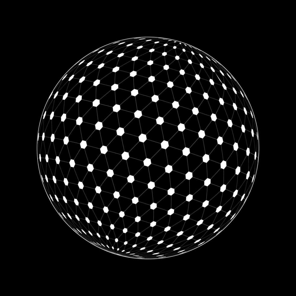 blanco 3d esfera estructura metálica en negro antecedentes. cuadrícula pelota con triangulos y hexágonos. orbita esférico modelo. futurista globo cifra. vector