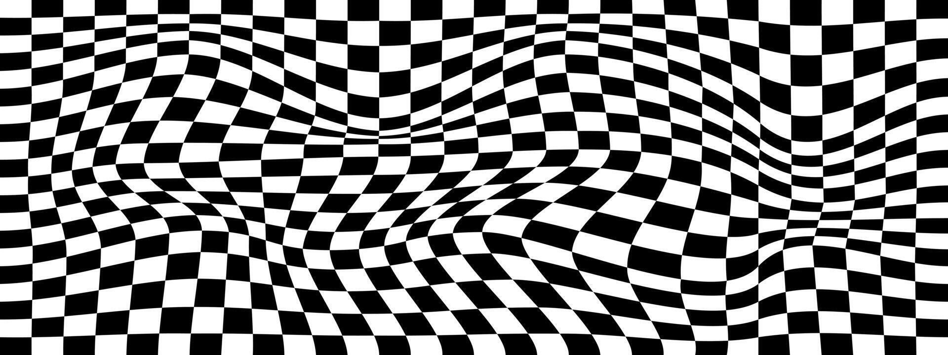 Distorted chessboard background. Psychedelic pattern with black and white squares. Warped race flag texture. Trippy checkerboard surface. Checkered optical illusion. vector