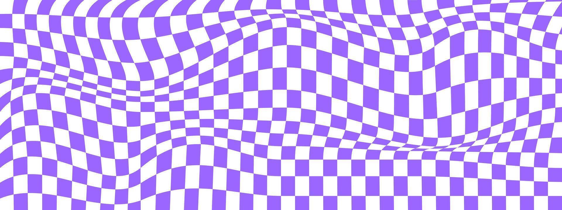 Checkered optical illusion. Distorted chessboard with purple and white squares. Psychedelic pattern. Warped checkerboard texture. Trippy background. vector