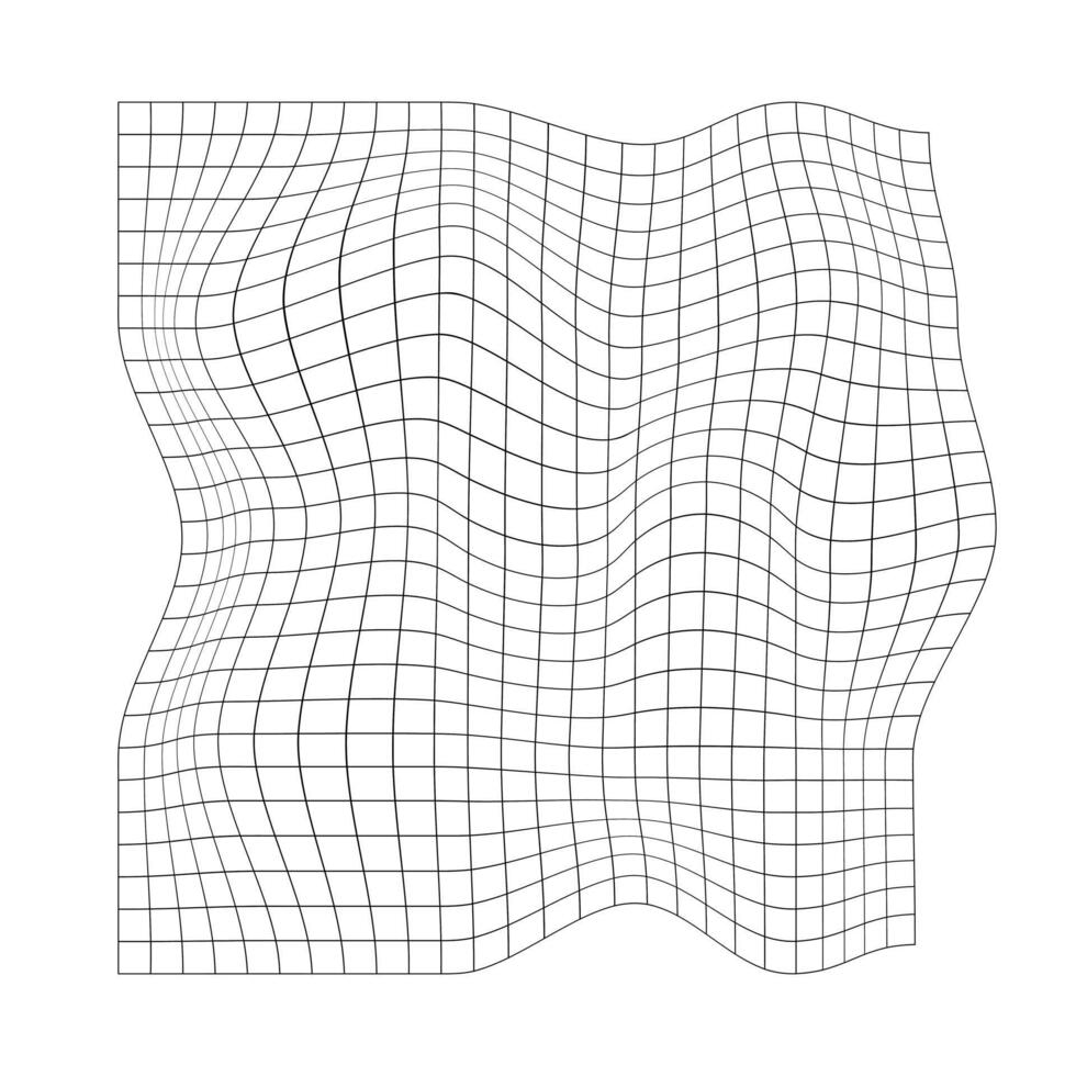 Distorted grid texture. Warped retrofuturistic mesh. Net with curvatured effect. Chequered pattern deformation. Bented lattice surface isolated on white background. vector
