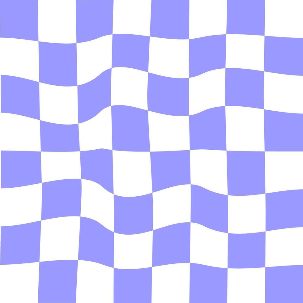 Distorted purple and white chessboard background. Crazy checkerboard texture. Chequered optical illusion. Psychedelic pattern with warped squares. Hypnotizing game. vector