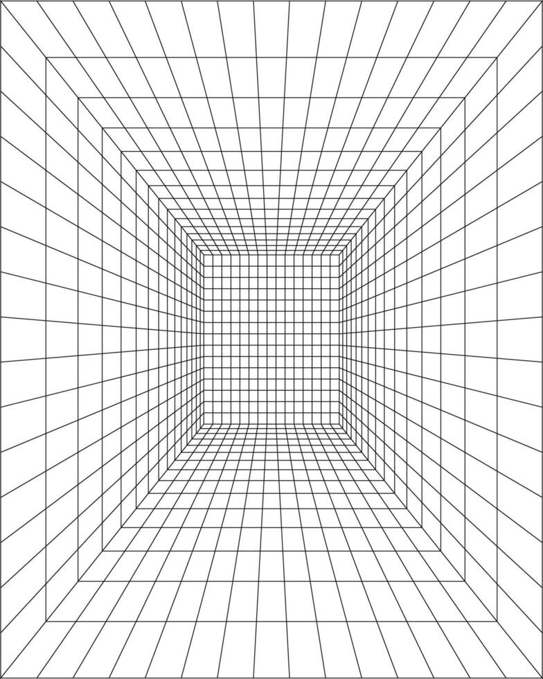 Room, hallway, studio or portal perspective wireframe. Box grid structure. Mesh in 3D dimension. Engineering, architecting or technicalisometric cell frame. vector