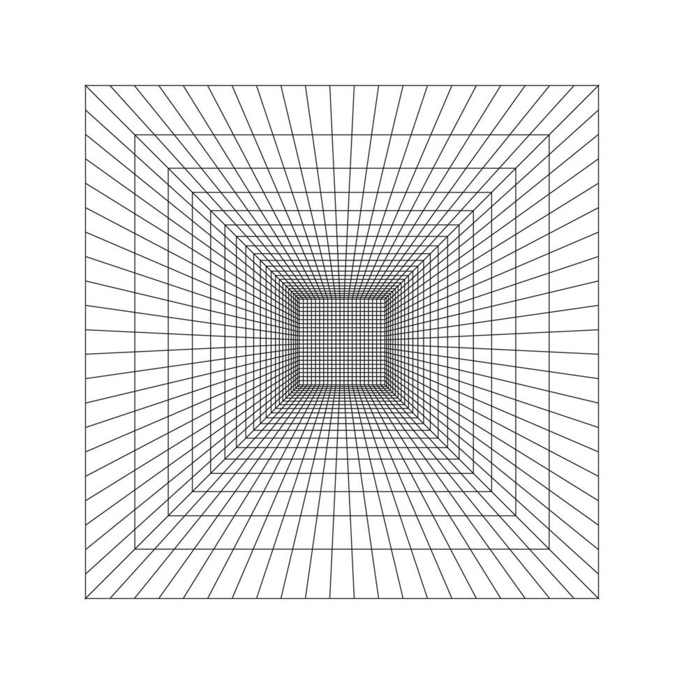 Cube room, hallway, studio or cyberspace portal wireframe in perspective. Box grid structure. Engineering, architecting or technical scheme. Cage perspective frame. vector