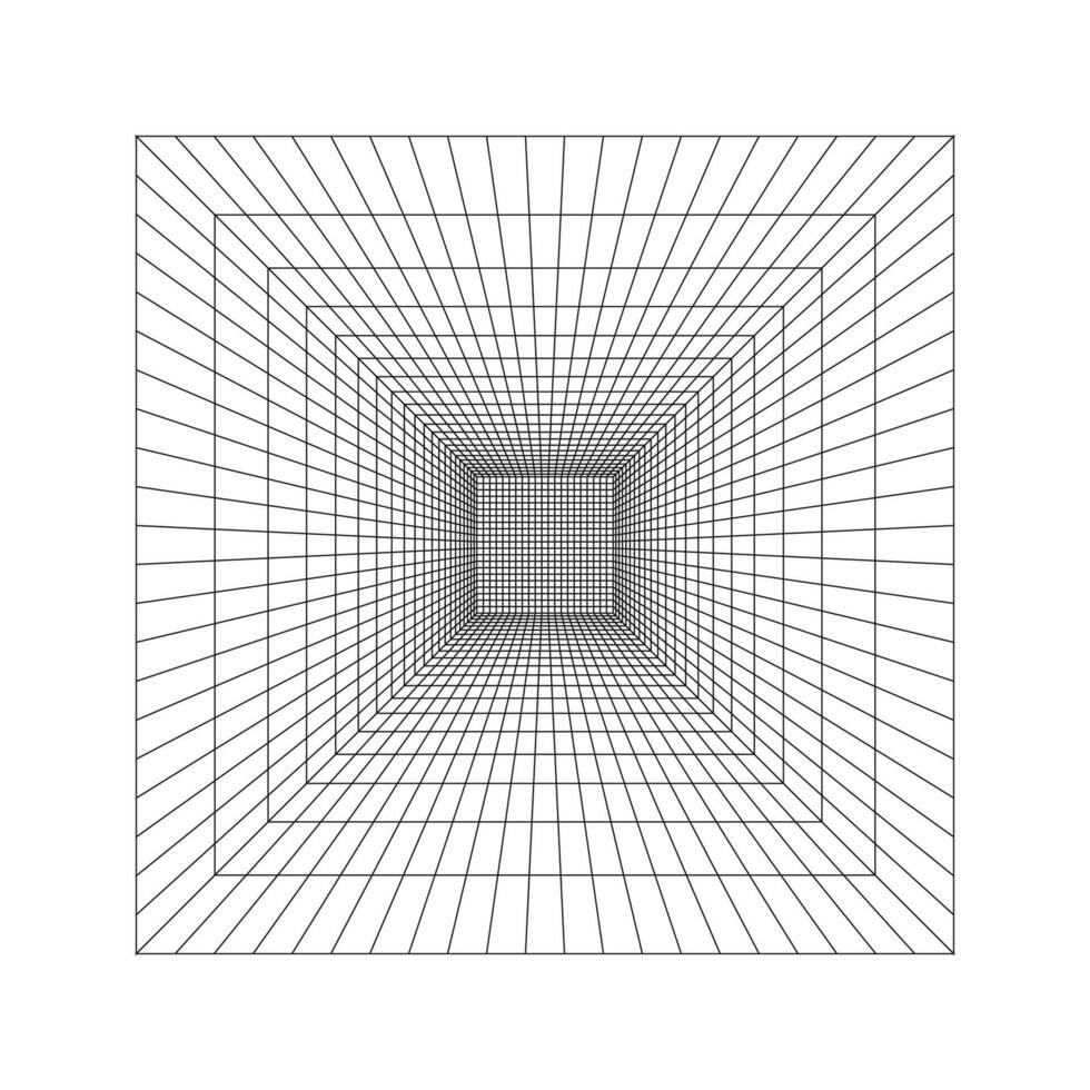 Cube room, hallway, studio or cyberspace portal wireframe in perspective. Box grid structure. Engineering, architecting or technical scheme. Cage perspective frame. vector