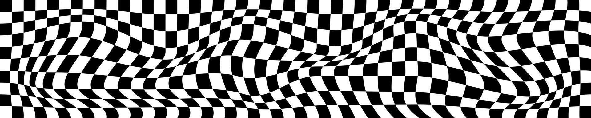 Psychedelic horizontal pattern with warped black and white squares. Distorted chess board background. Hypnotizing checkered optical illusion. Race flag texture. Trippy checkerboard surface. vector