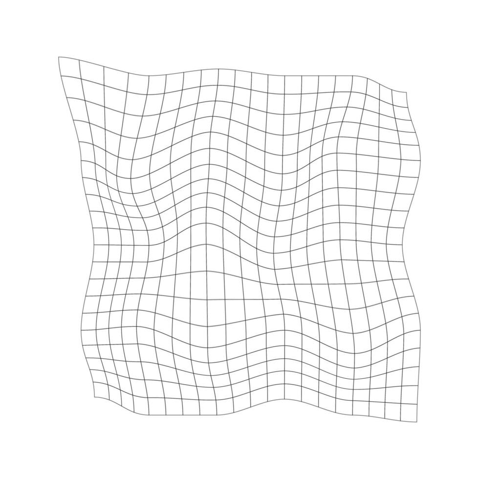 Distorted grid texture. Warped retrofuturistic mesh. Net with curvatured effect. Chequered pattern deformation. Bented lattice surface isolated on white background. vector