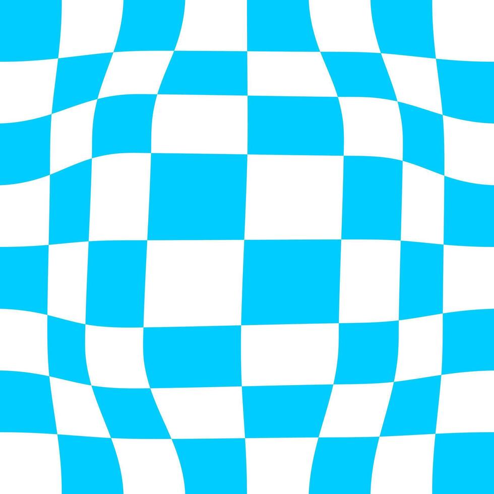 Distorted chessboard. Dizzy pattern with warped blue and white squares. Psychedelic chequered optical illusion. Trippy checkerboard surface. vector