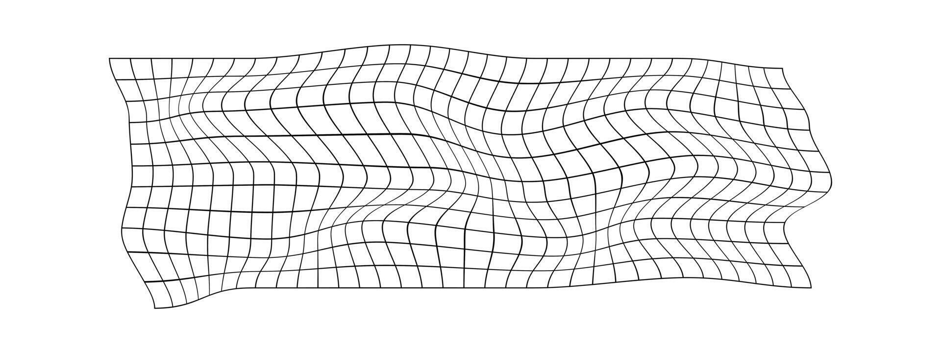 Distorted grid surface. Warped fish net. Curvature mesh texture. Checkered pattern deformation. Bented lattice isolated on white background. vector