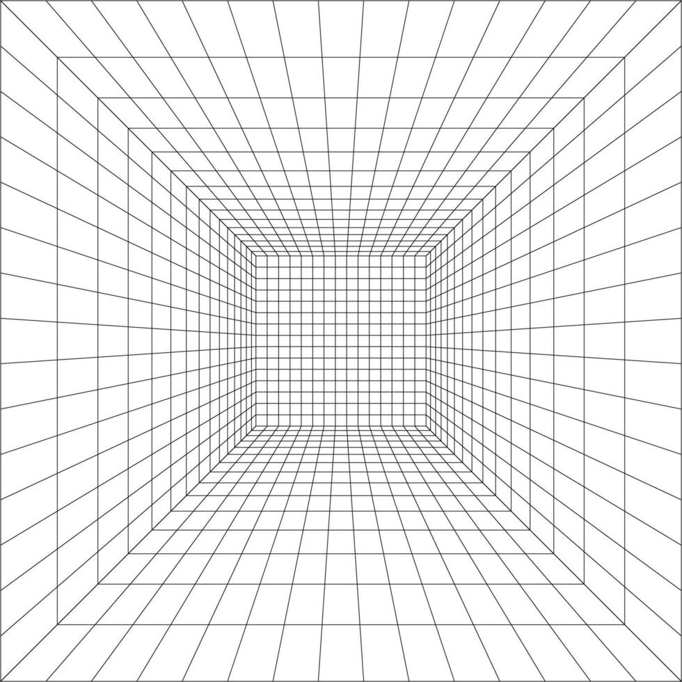 Room, hall, studio or portal square wireframe in perspective. Box grid structure. Mesh in 3D dimension. Isometric net frame. Engineering, architecting or technical scheme. vector