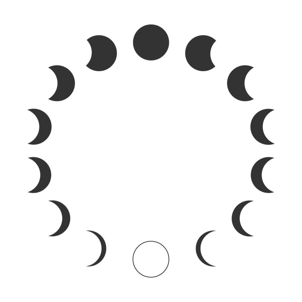 Round shapes of Luna celestial object in circle. Moon phases. Calendar lunar cycle. Waning and waxing Moon silhouettes isolated on white background. Astrology concept. vector