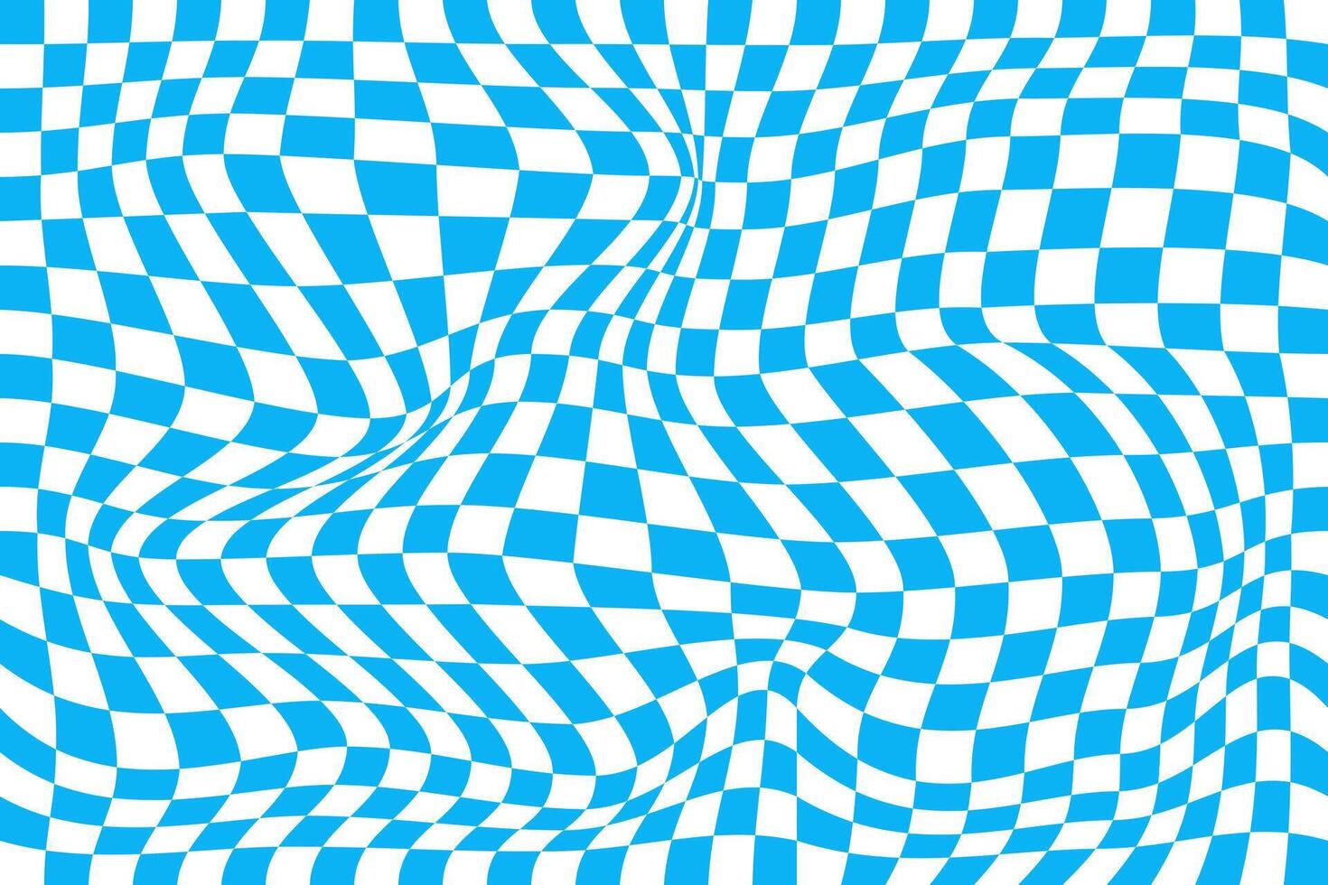 Psychedelic pattern with warped blue and white squares. Distorted chess board background. Chequered visual illusion. Trippy checkerboard surface. vector