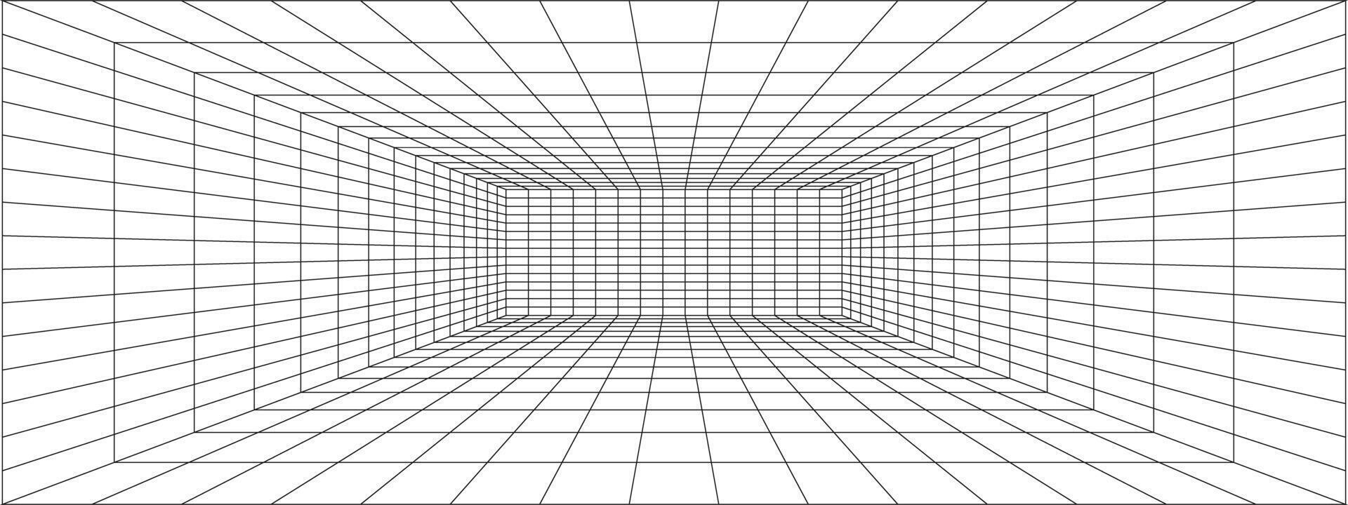 Room, hallway, studio or portal wireframe in perspective. Box grid structure. Mesh in 3D dimension. Engineering, architecting or technical outline scheme. Depth frame. vector