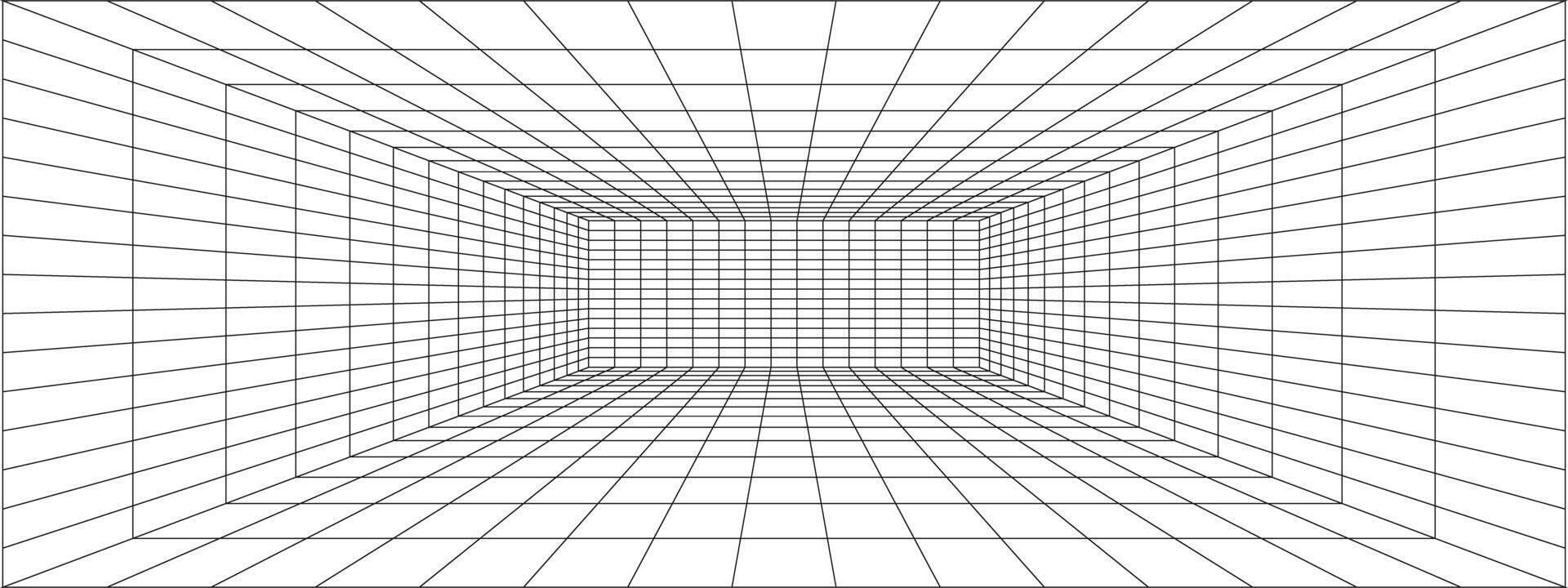 habitación, pasillo, estudio o portal estructura metálica en perspectiva. caja cuadrícula estructura. malla en 3d dimensión. ingeniería, arquitectura o técnico contorno esquema. profundidad marco. vector