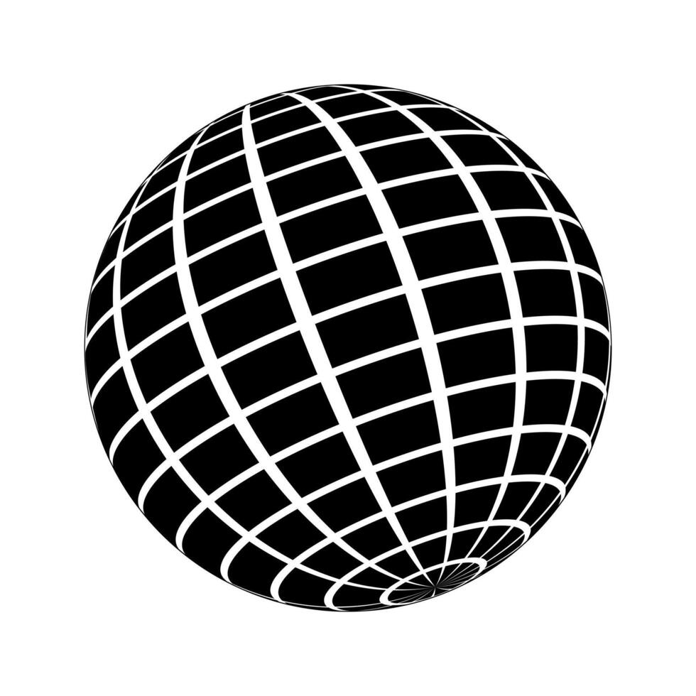 3D sphere wireframe icon in brutalism style. Orbit model, spherical shape, grid ball. Earth globe figure with longitude and latitude, parallel and meridian lines vector