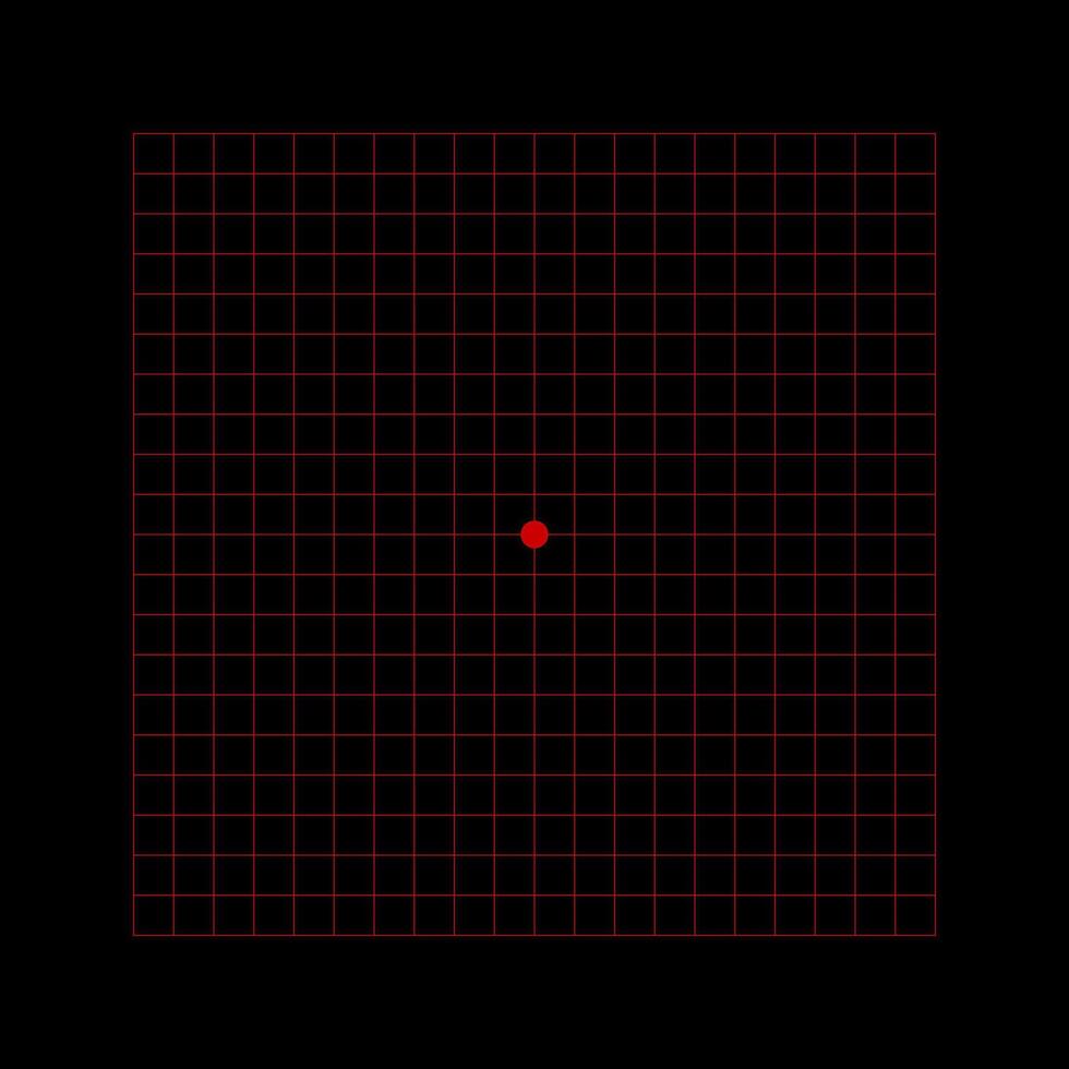 Amsler grid with red squares on black background. Template of graphic test to monitoring visual field and detecting vision defects. Ophthalmologic diagnostic tool. vector