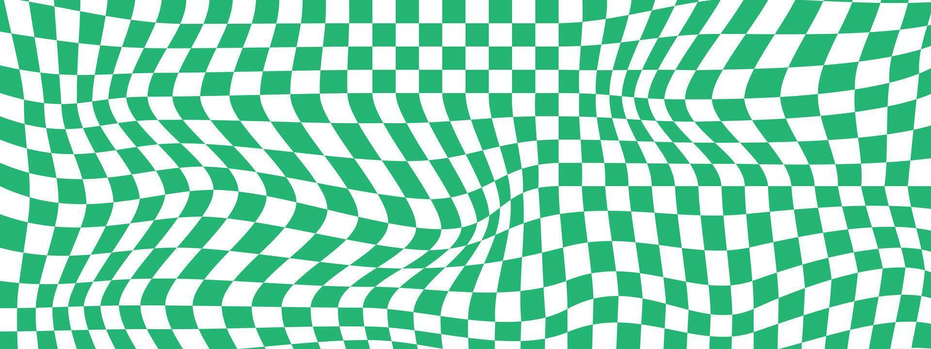 Distorted green and white chessboard background. Dizzy checkered visual illusion. Psychedelic pattern with warped squares. Trippy checkerboard surface. vector