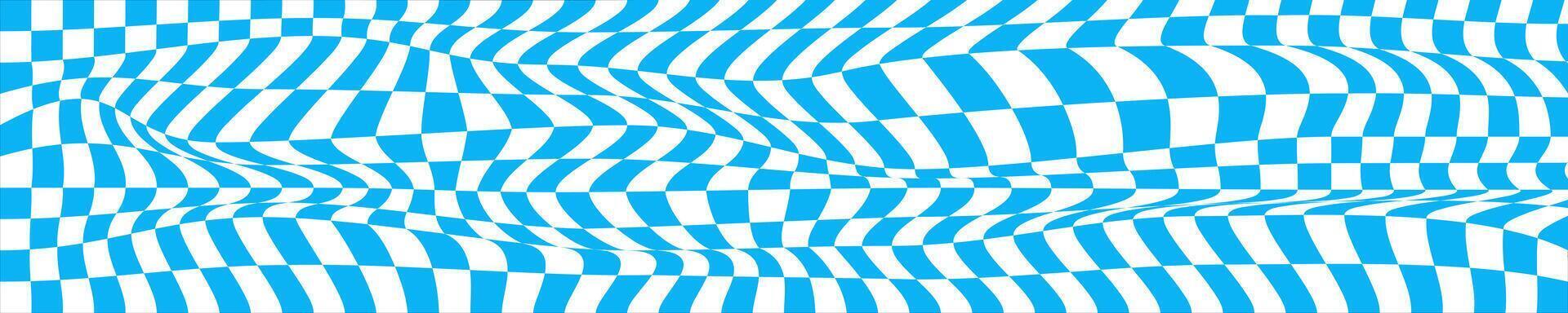 Distorted blue and white chessboard background. Chequered optical illusion effect. Psychedelic pattern with squares. Warped checkerboard texture. vector