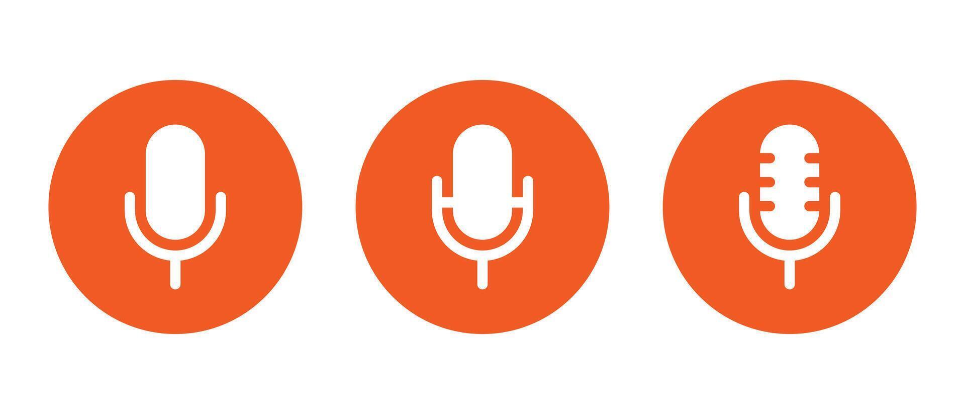 Mic icon set on red circle. Microphone, voice recorder sign symbol in flat design vector