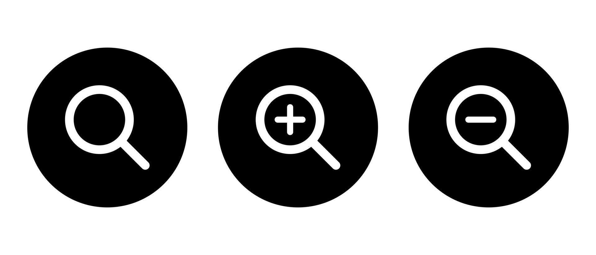 Search and zoom icon on black circle. Magnifying glass with plus and minus vector