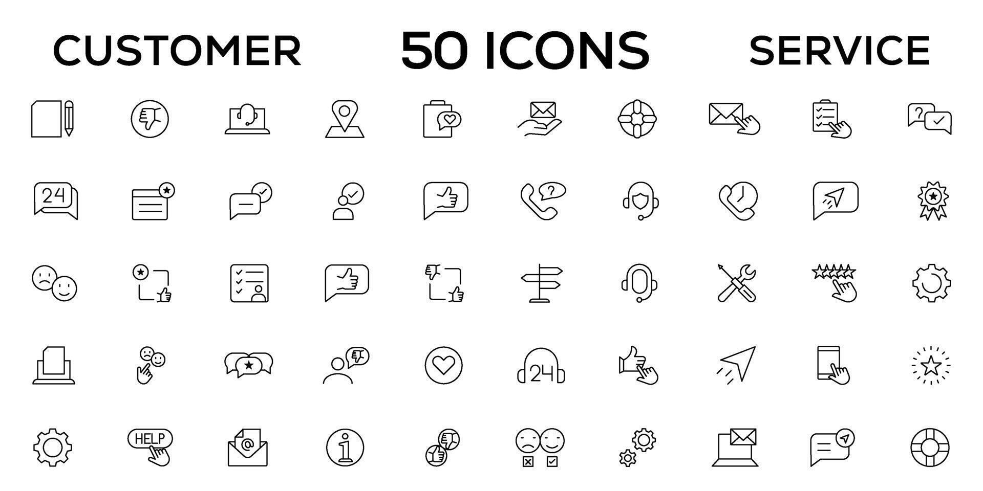 Customer service icon set. Containing customer satisfied, assistance, experience, feedback, operator and technical support icons. Thin outline icons pack. vector