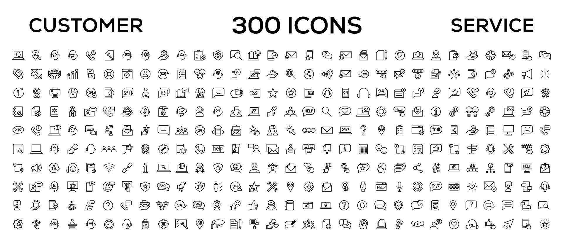 Customer service icon set. Containing customer satisfied, assistance, experience, feedback, operator and technical support icons. Thin outline icons pack. vector
