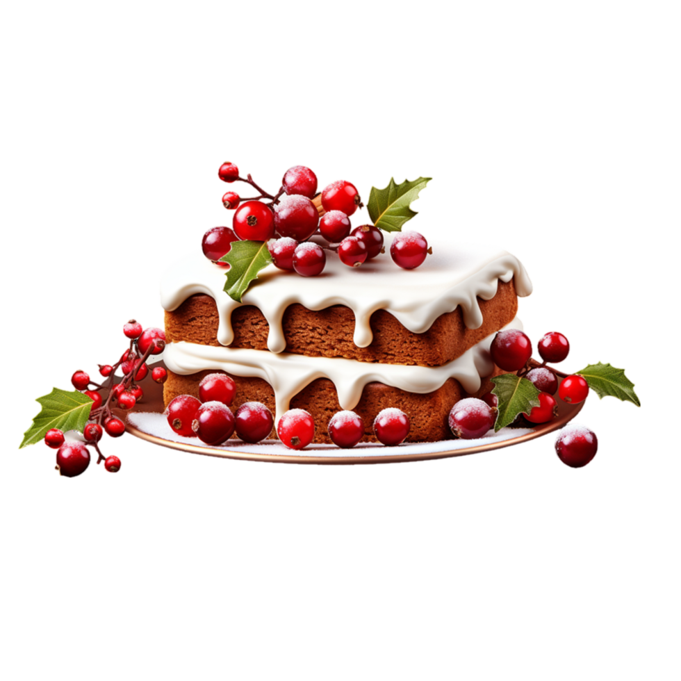generated ai Yummy cranberry cake with festive decorations on a transparent background png