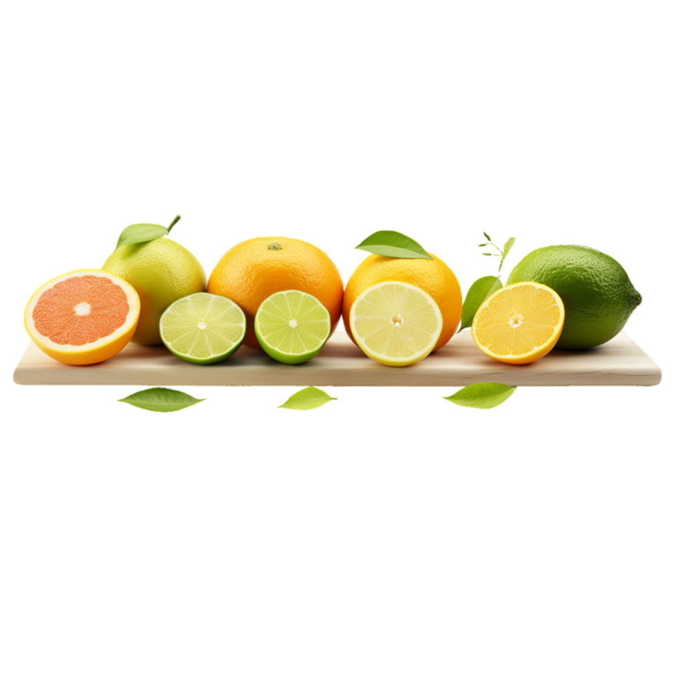 generated ai A group of citrus fruits with green leaves on them png