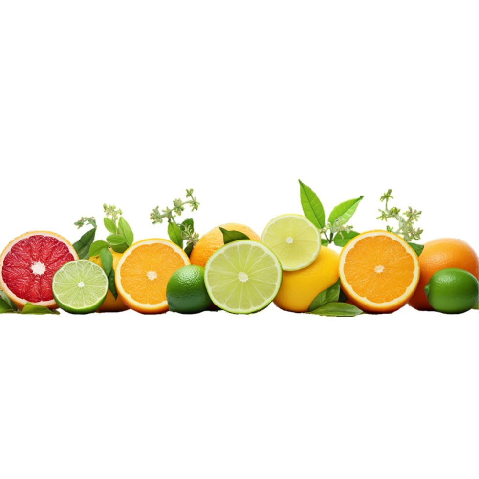 generated ai A group of citrus fruits with green leaves on them png
