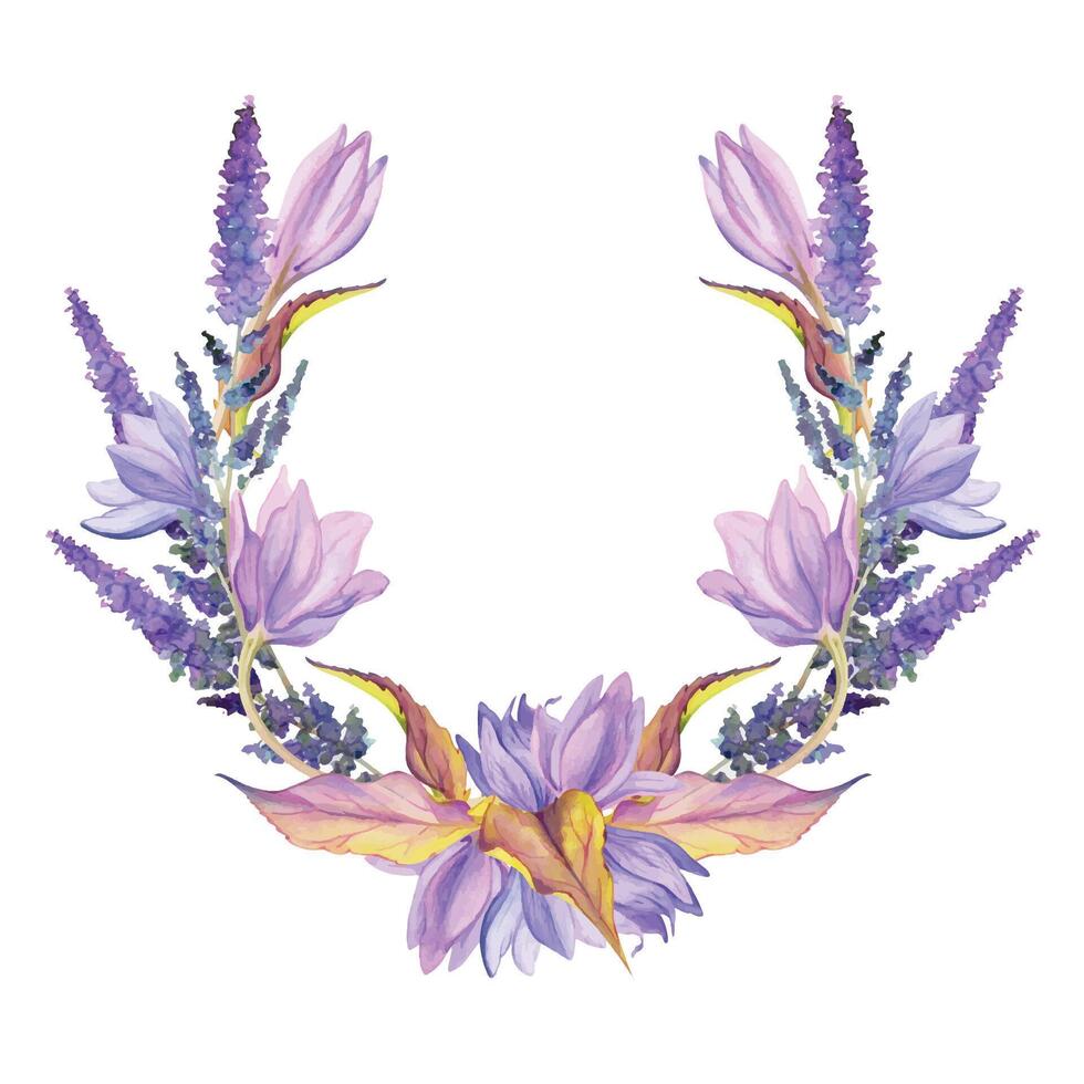 mano dibujado acuarela ilustración desgastado boho botánico flores hojas. azafrán azafrán Rosa cadera verónica lavanda bayas. guirnalda marco aislado en blanco antecedentes. diseño boda, regalo amor tarjetas vector