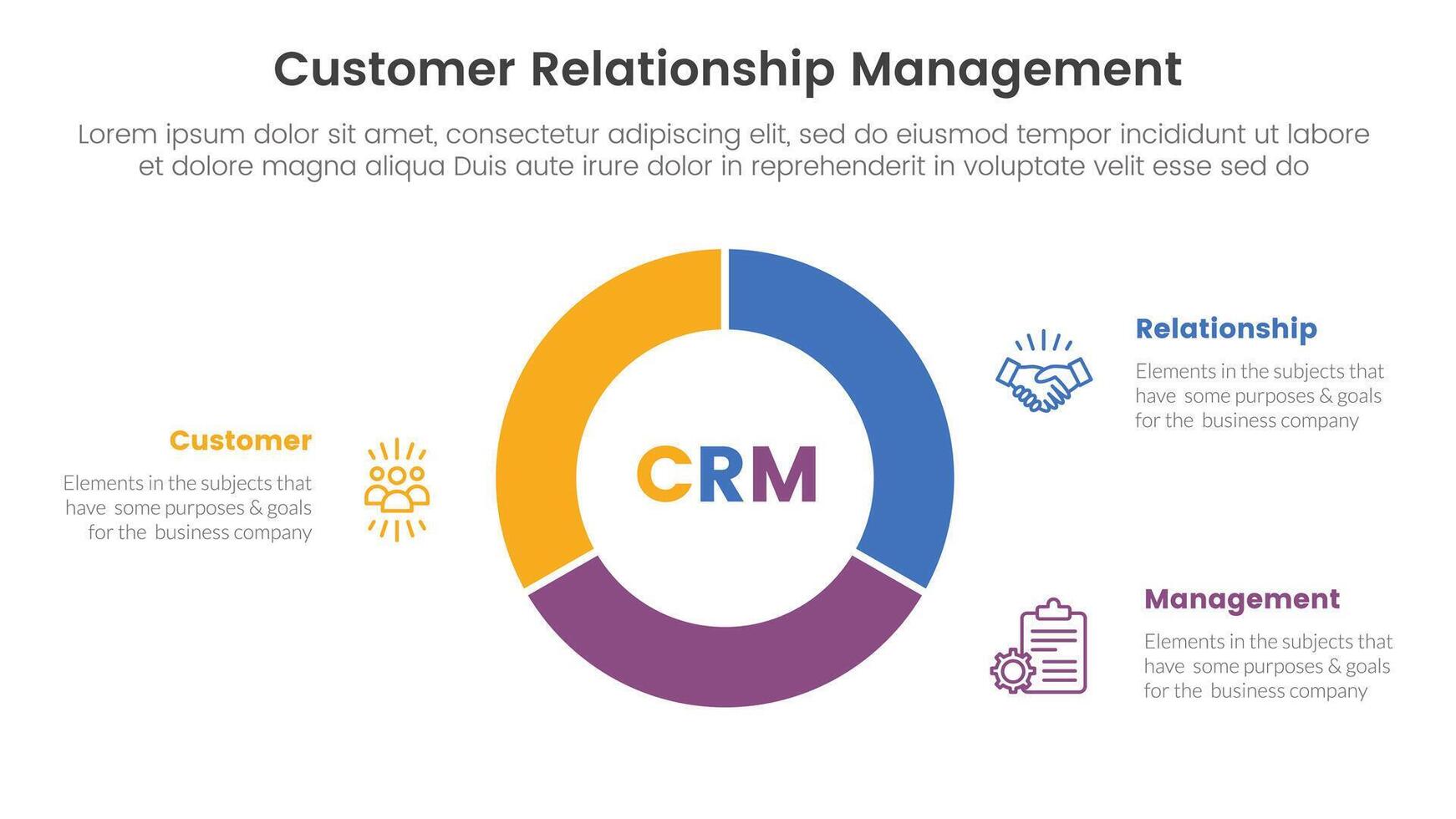 CRM customer relationship management infographic 3 point stage template with circle pie chart diagram cutted outline for slide presentation vector