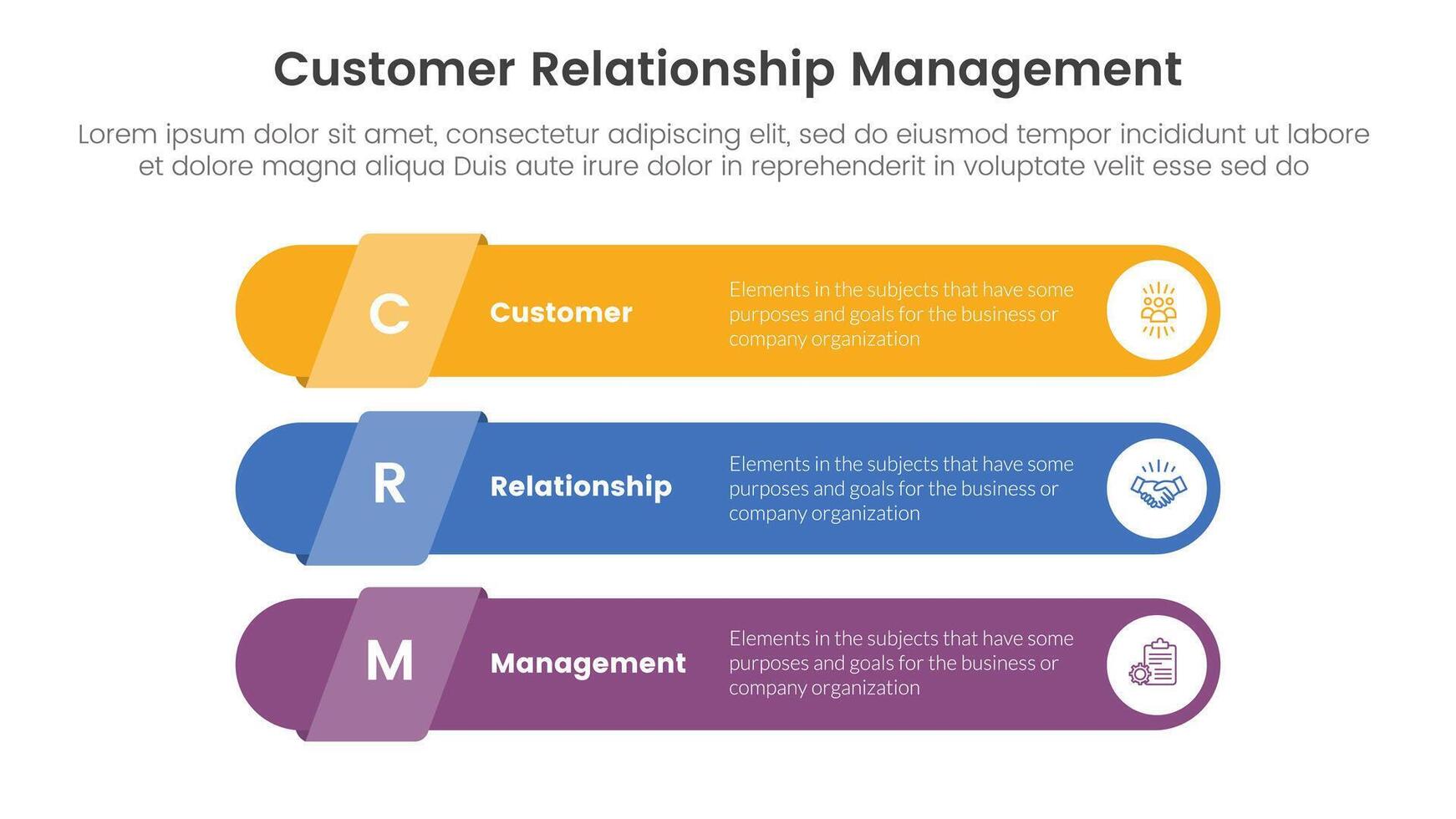 CRM customer relationship management infographic 3 point stage template with long round rectangle shape stack for slide presentation vector