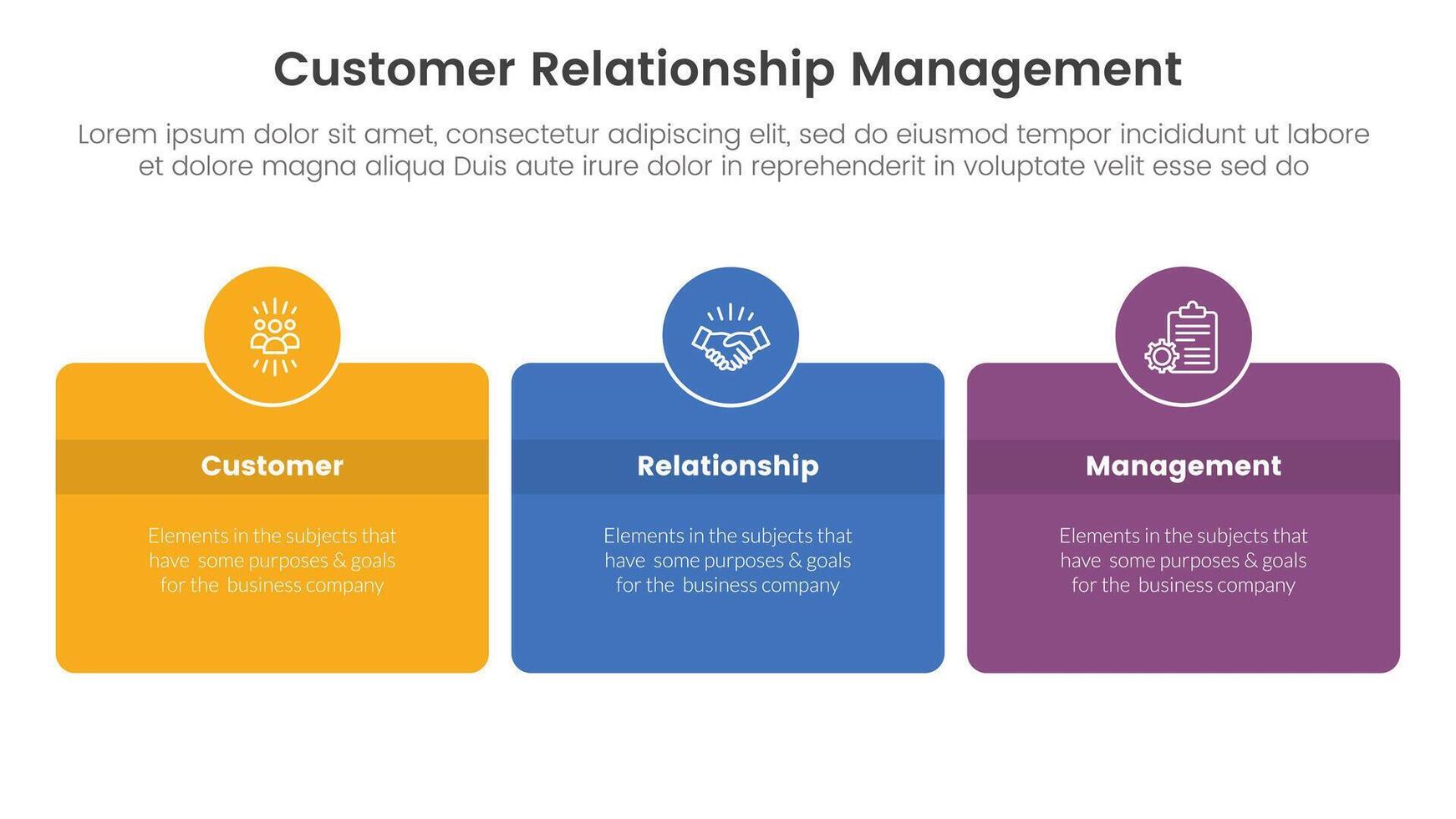 CRM customer relationship management infographic 3 point stage template with round box and circle badge on center with horizontal direction for slide presentation vector