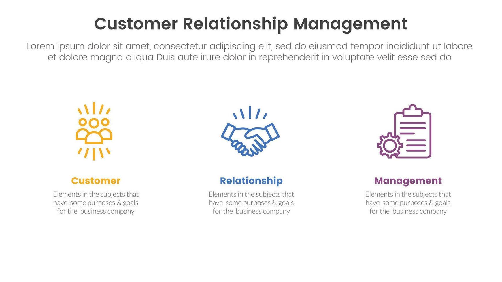 crm cliente relación administración infografía 3 punto etapa modelo con limpiar y sencillo información en horizontal dirección para diapositiva presentación vector