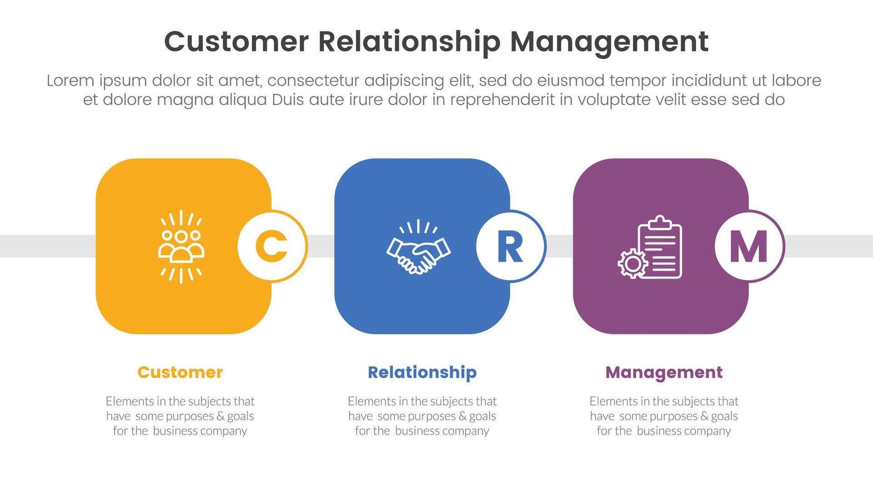 CRM customer relationship management infographic 3 point stage template with round square box timeline style for slide presentation vector