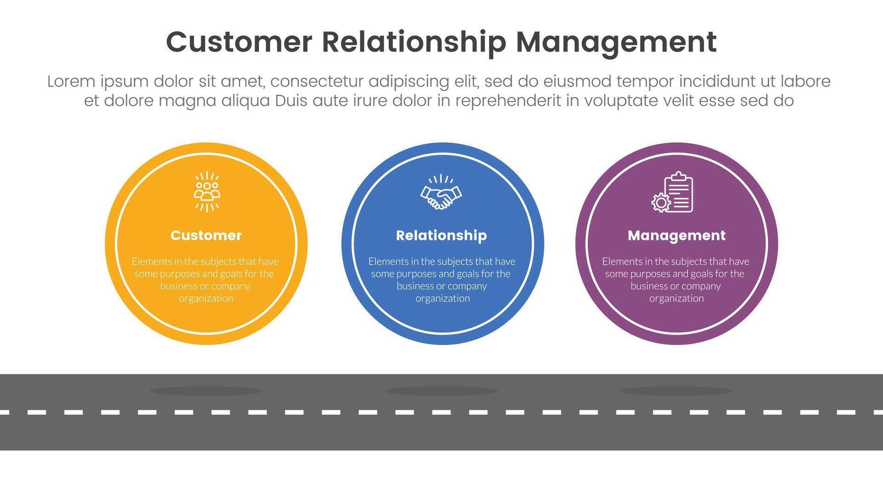 CRM customer relationship management infographic 3 point stage template with big circle symmetric horizontal on top of roadway for slide presentation vector