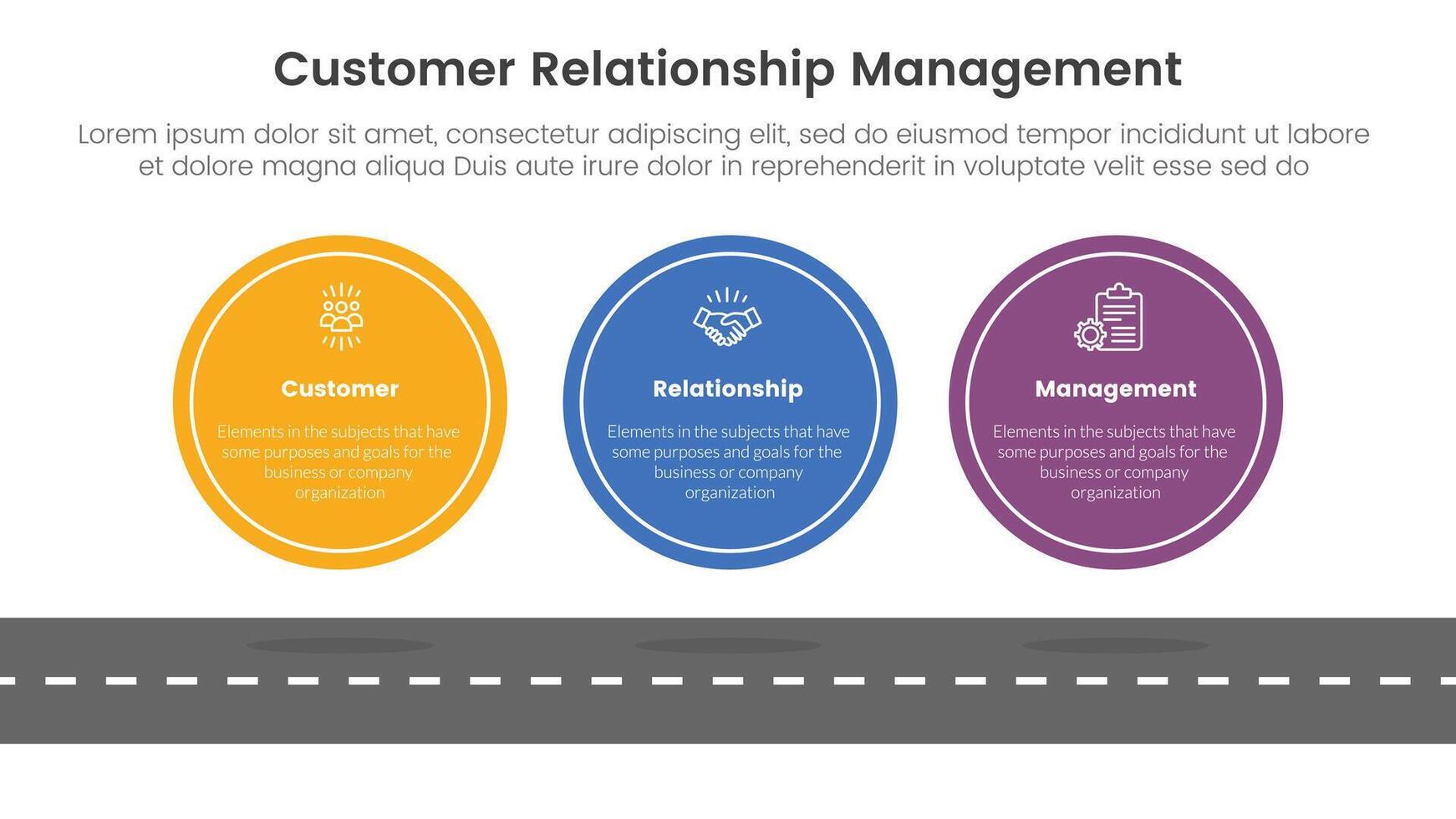 crm cliente relación administración infografía 3 punto etapa modelo con grande circulo simétrico horizontal en parte superior de calzada para diapositiva presentación vector