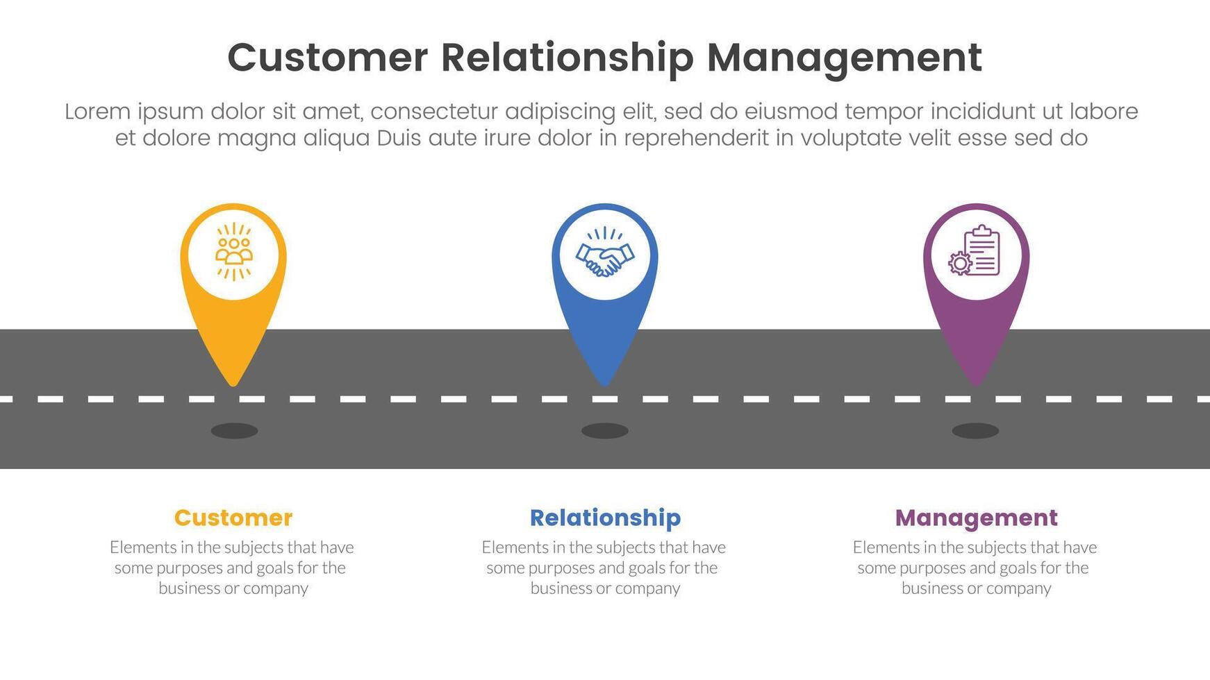 crm cliente relación administración infografía 3 punto etapa modelo con etiquetado alfiler ubicación marcador en calzada para diapositiva presentación vector