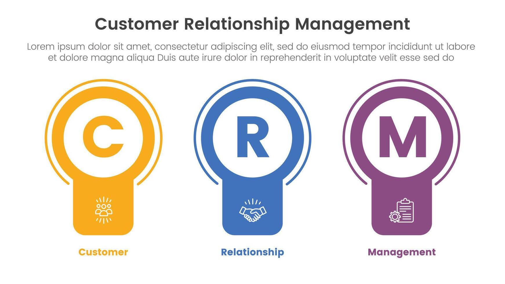 crm cliente relación administración infografía 3 punto etapa modelo con Insignia circulo bandera forma para diapositiva presentación vector