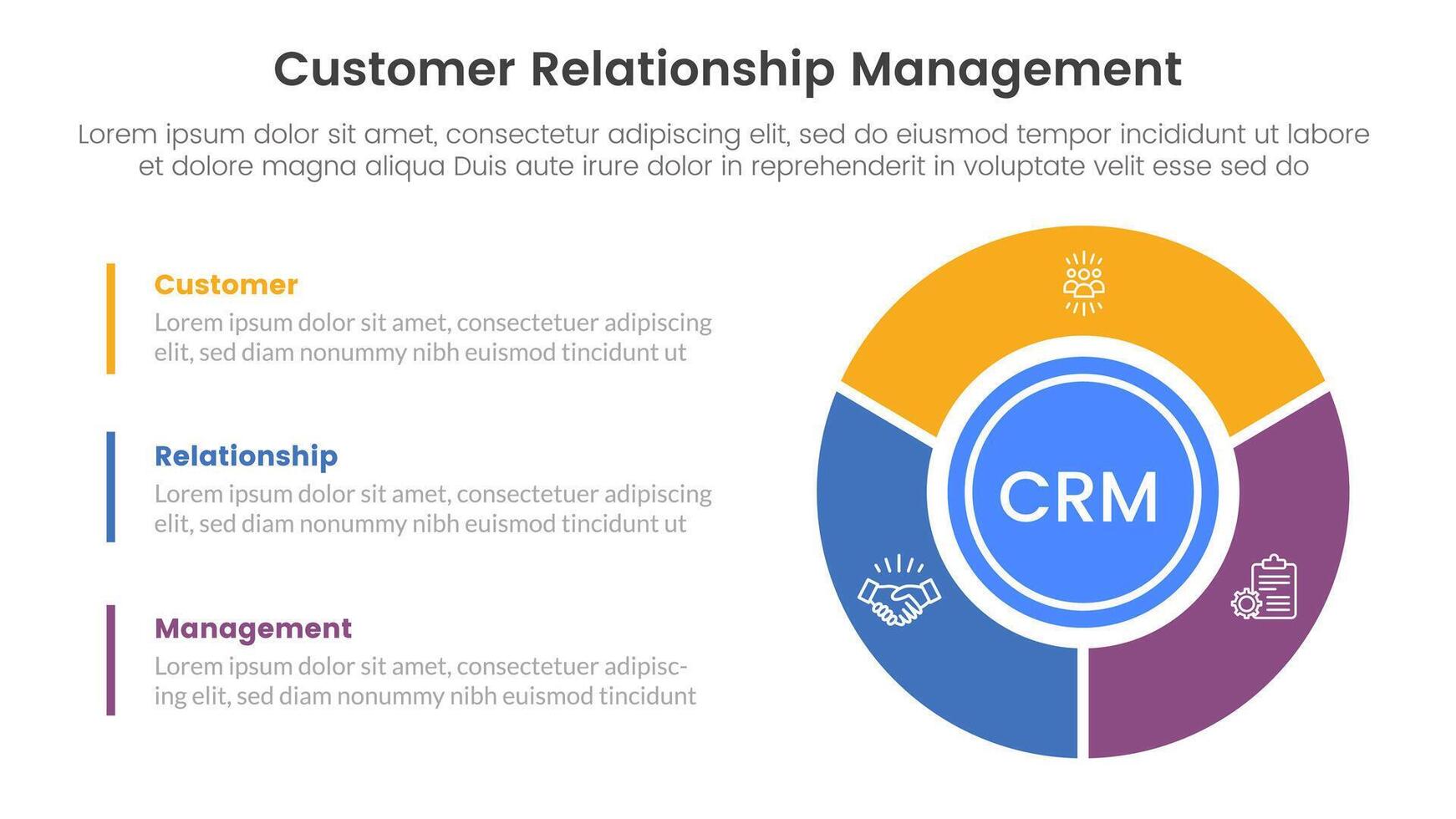 crm cliente relación administración infografía 3 punto etapa modelo con grande circulo Gráfico circular en Derecha columna para diapositiva presentación vector