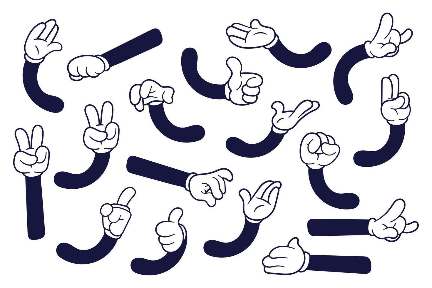 Set of vintage retro cartoon hands showing different gestures. Hand drawn illustration vector