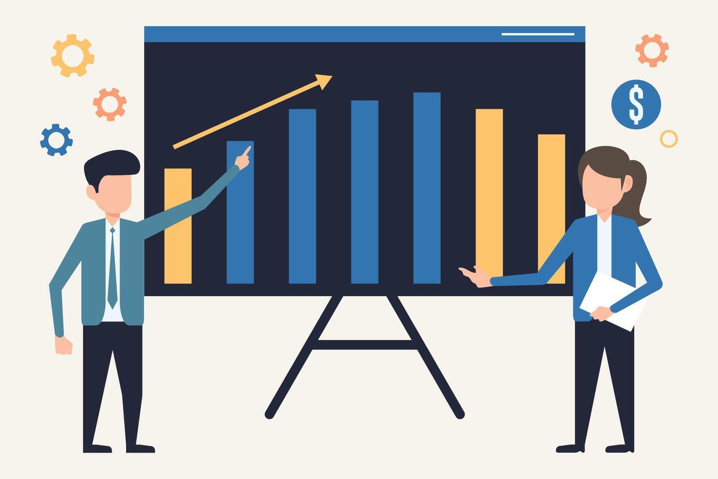 Flat design illustration concept of business analysis and planning. Businessman and businesswoman standing near presentation board vector