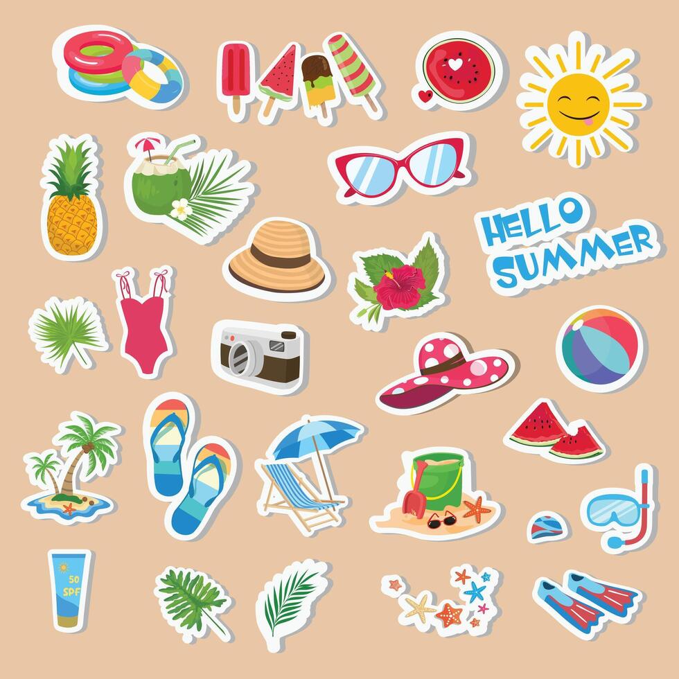 Summer sticker set. Summer element sticker. Summer holiday beach. Cartoon flat isolated on white background vector