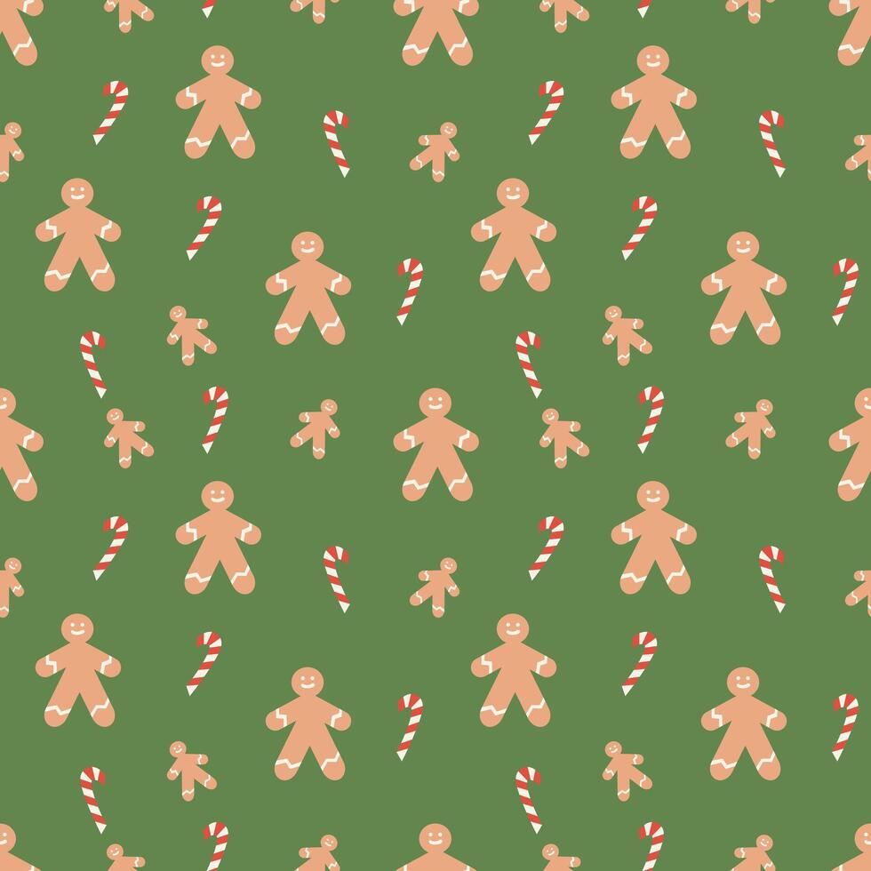 Christmas seamless pattern with gingerbread man and candy cane, with changeable background color. flat illustration for print and design vector