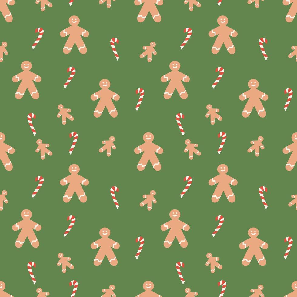 Christmas seamless pattern with gingerbread man and candy cane, with changeable background color. flat illustration for print and design vector