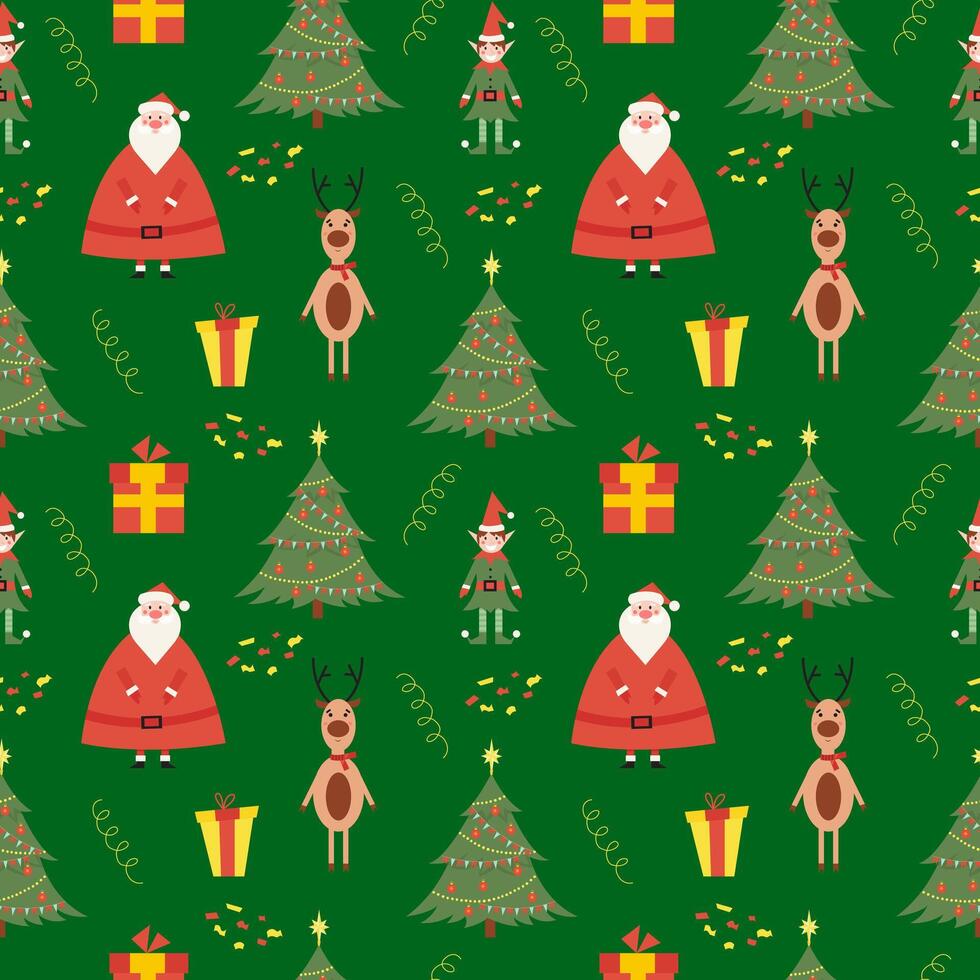 Christmas seamless colorful pattern with cute santa clause, little elf, tree and deer, with changeable background color. flat illustration vector