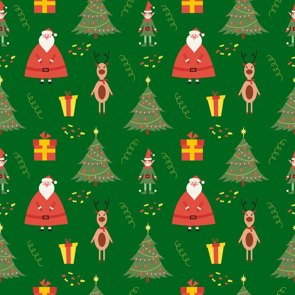 Christmas seamless colorful pattern with cute santa clause, little elf, tree and deer, with changeable background color. flat illustration vector